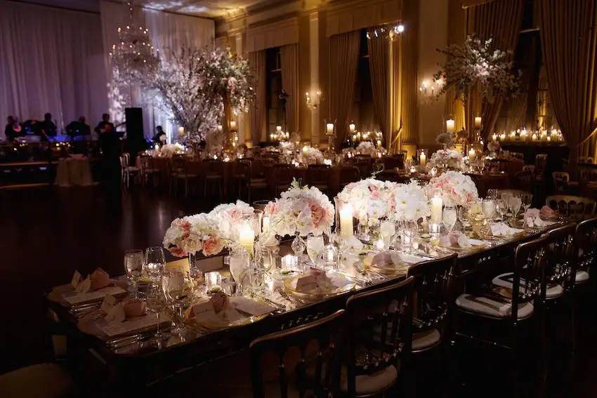 Head Table with White Pink Floral Runner