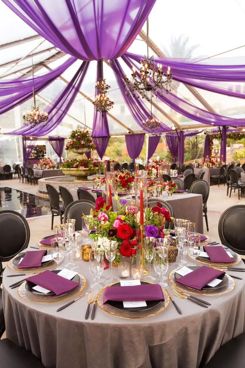Outdoor Ceremony + Tent Reception Featuring Unique Décor in Jewel Tones